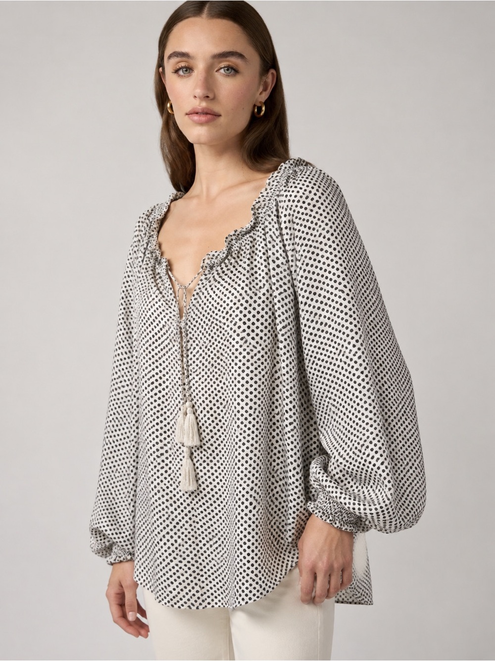 Max Studio Flowy Peasant Blouse - Black and White Polka Dot - Women’s XL
